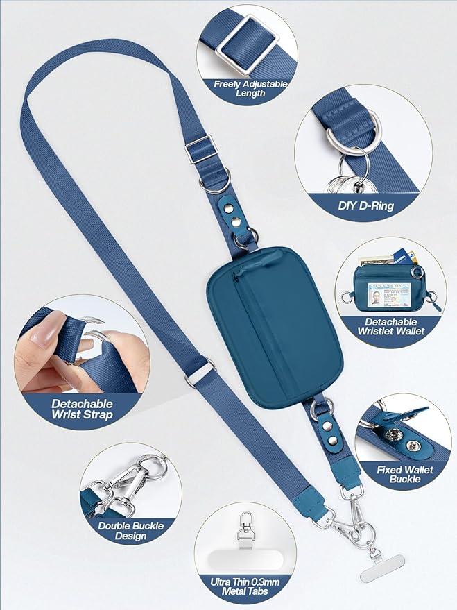 Clip and Go Strap for Phone with Wallet Crossbody Phone Lanyard Adjustable and Detachable RFID Wristlet Wallet with ID Window and Zipper, Peacock Blue Large