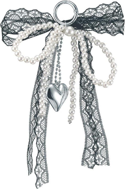 Pearl Bow Keychain Cute Y2k Lace Bowknot Keychain Coquette Aesthetic Accessories Bag Purse Handbag Backpack Charm