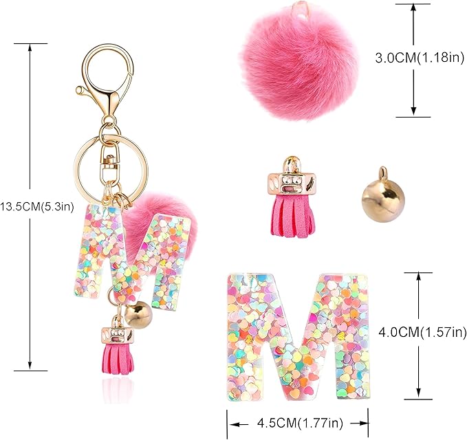 Resin Alphabet Initial Letter Keychain Keyring for Women Purse Handbags With Fur Ball Pom