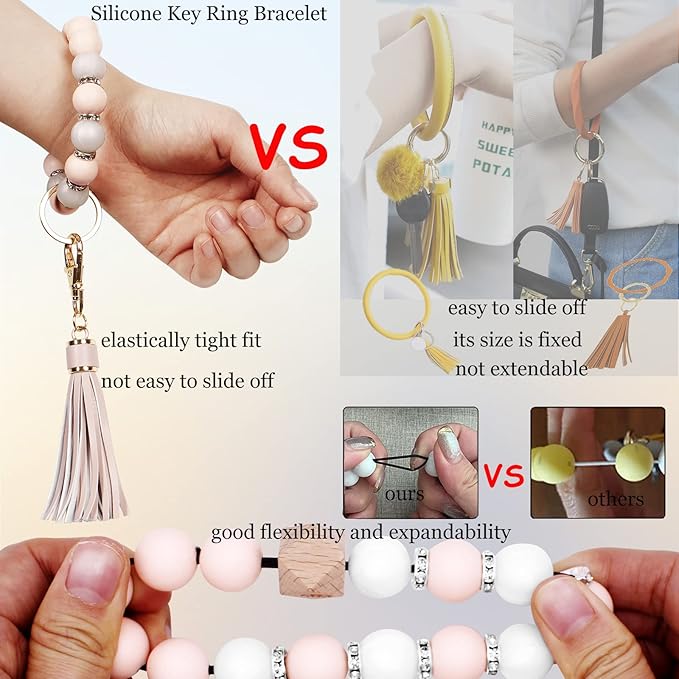 BIHRTC Key Ring Bracelet Car Keychain Holder Wristlet Silicone Women Beaded Bangle Chains