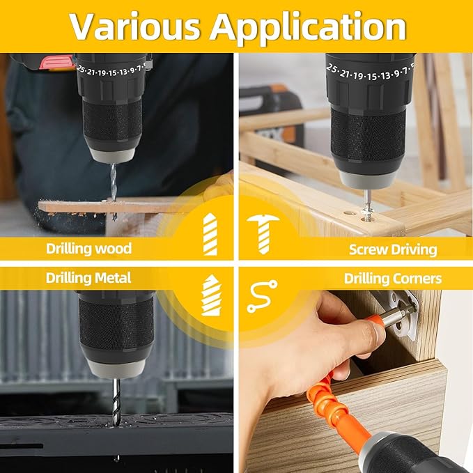 21V Cordless Power Drill/Driver Set, 50Nm Max Torque with 2 Batteries & Charger, 1/2 Inch Keyless Chuck, 3 Modes & 25 Position Torque Adjustment, 29Pcs Accessories for Home Use