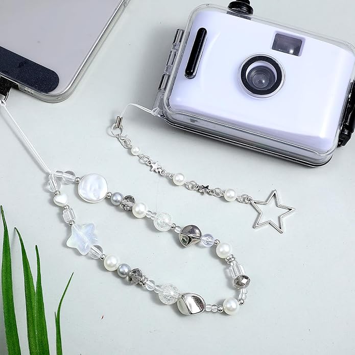 2 pcs Beaded Phone Charms Pearl Bracelet Wrist Strap Cute Camera Charm Lanyard Phone Keychain Decoration Girly Style Fixed Digital Camera Chain for Wallet Bag Women