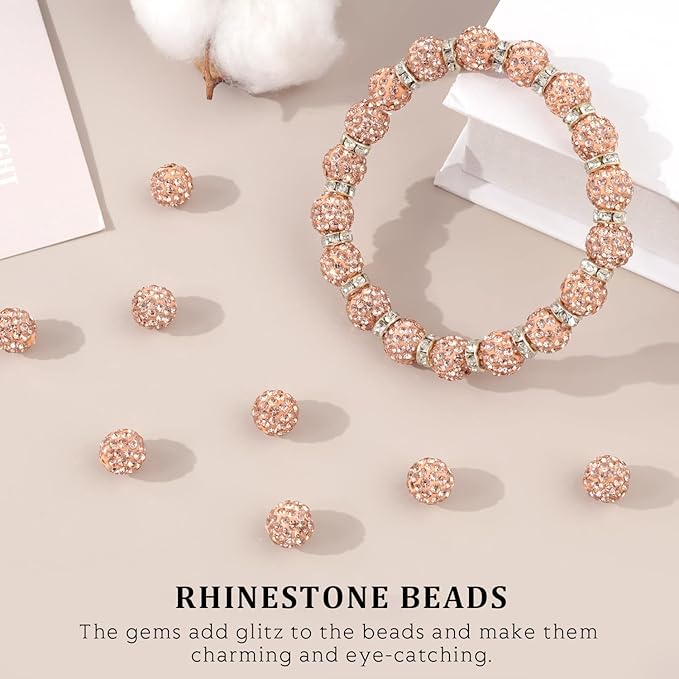 120pcs 10mm Rhinestone Beads for Jewelry Making, Light Peach Shiny Round Shamballa Disco Ball Beads, Sparkle Crystal Clay Christmas for Bracelet Baseball Necklace Earring Crafting and DIY
