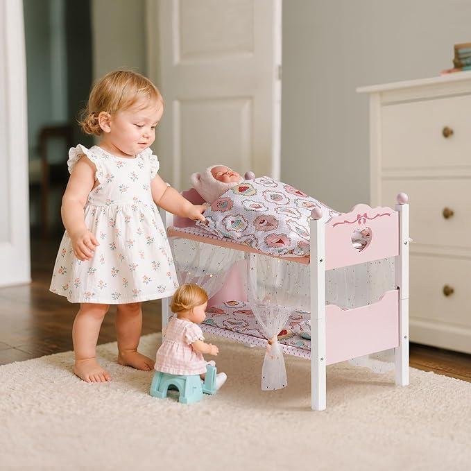 ROBOTIME Baby Doll Bunk Beds, Wooden Baby Doll Crib with Starry Curtain, Stackable Toy Crib for 18 Inch Dolls, Doll Bed Playset with Bedding Accessories, for Kids 3+ (Pink, 2 Pcs Beds)