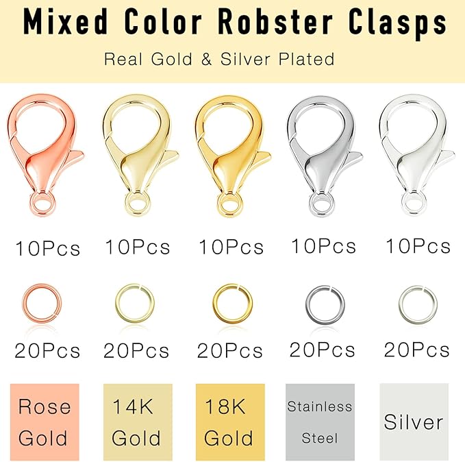 150Pcs Fadeless Lobster Claw Clasps (10mm) & Jump Rings for Jewelry Making, Necklace Bracelet Findings & Supplies (Mixed Color)