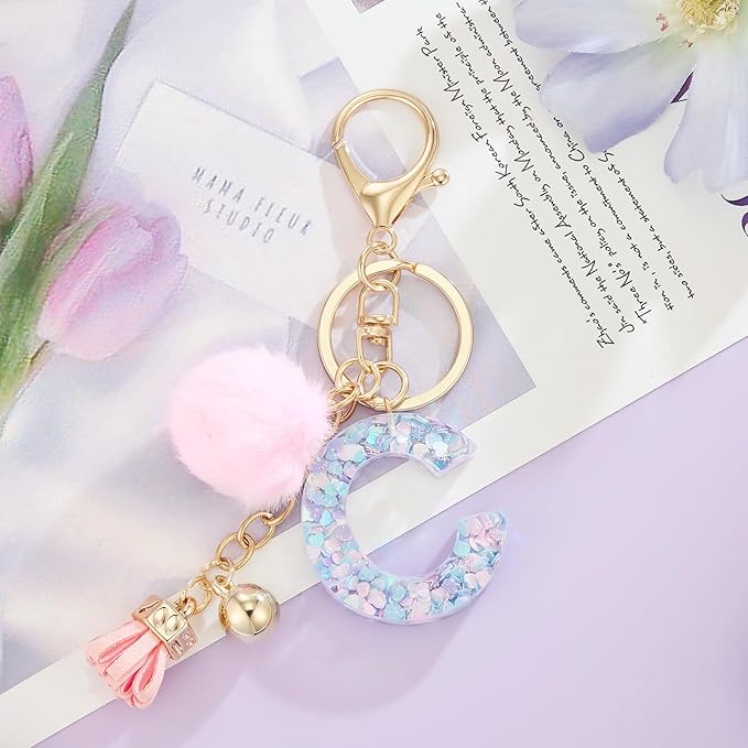 Resin Alphabet Initial Letter Keychain Keyring for Women Purse Handbags With Fur Ball Pom