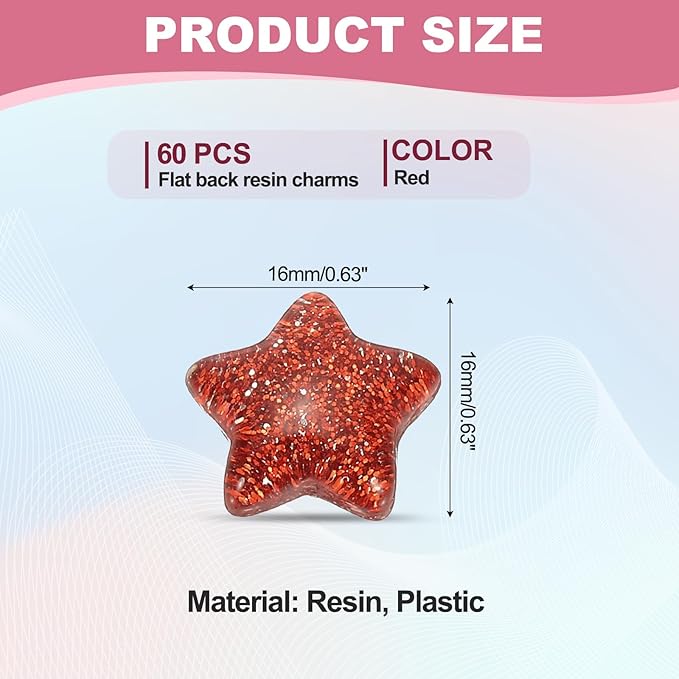 PATIKIL 60 Pcs Flat Back Resin Charms, Glitter Star Charms Bulk Mini Star Shape Flat Back Beads Embellishments for DIY Crafts Phone Case, Red