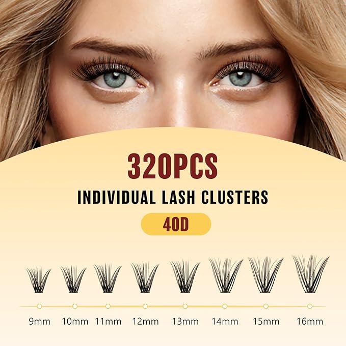 QUEWEL Lash Clusters Kit, 320 Pcs 40D Lash Cluster Eyelash Extensions 9-16mm Lash Clusters Wispy Kit with Eyelash Clusters Bond and Seal Glue Remover Tweezers (40D Kit)