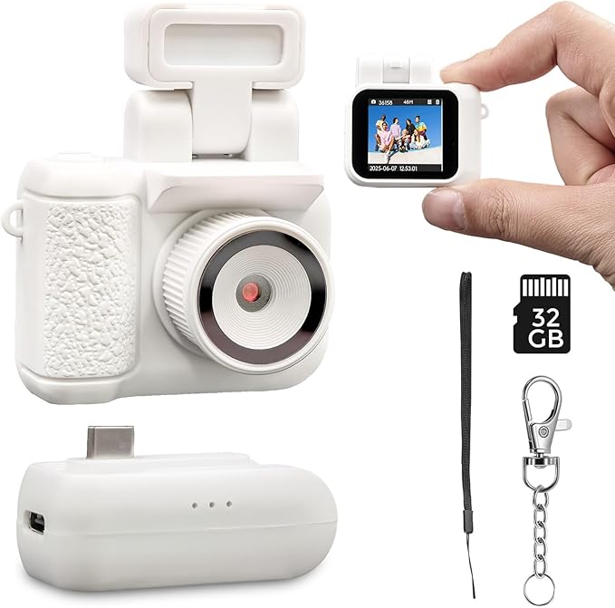 Small Digital Camera Keychain with Flash Light 1080p Tiny Camera Mini Retro Micro 1.4 in LCD Screen 32GB Card Charging Base Compact Portable Recorder for Travel Study Recording (White)