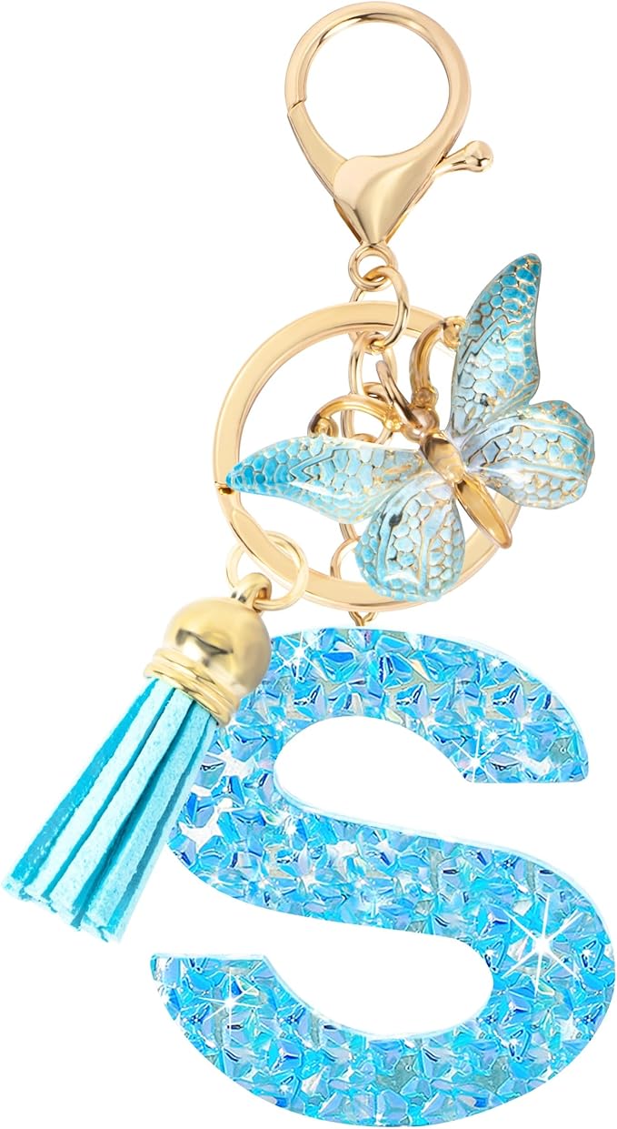 Initial letter Keychains for Women Girls Tassel Butterfly Cute Keychain for Wallet Backpack charm
