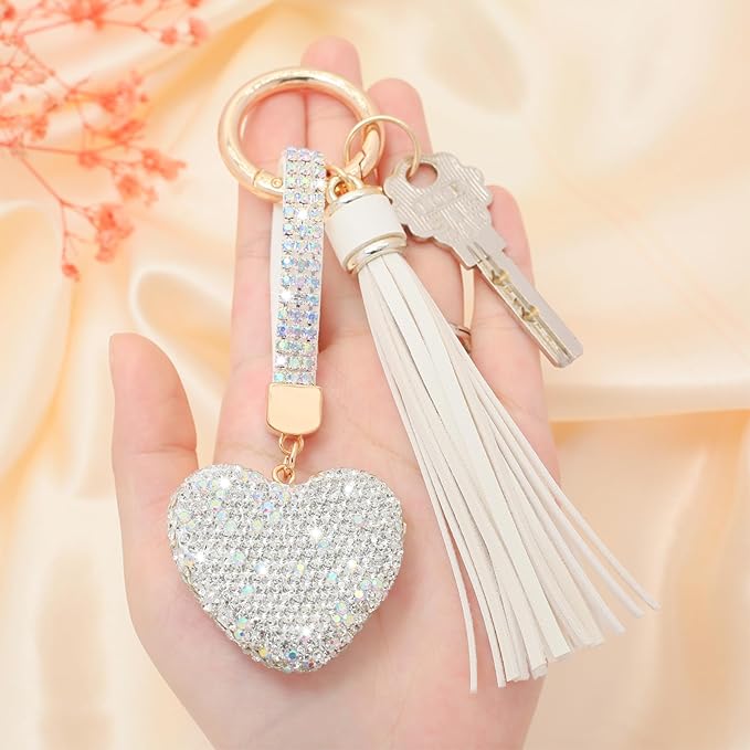 Heart Shape Rhinestone Glitter Keychains for Women Charms Purse Crystal Tassel Car Key Rings Backpacks