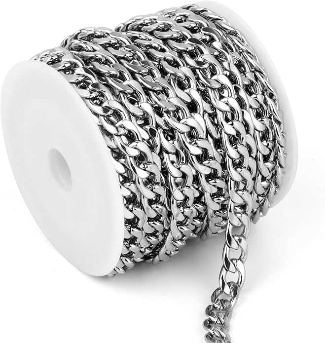 16.5 Ft Stainless Steel Curb Chains, 5mm 6mm 7mm 9mm Cuban Chain Roll Bulk for Jewelry Making
