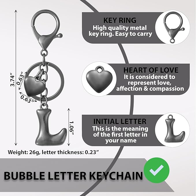 Heart Bubble Letter Keychain for Women, Girls - Cute Keychain with Initial - Alphabet Keychain for Bag Charm, Handbag