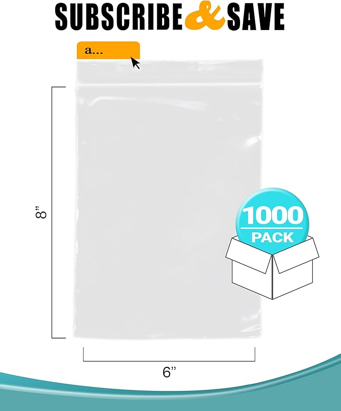 APQ Clear Plastic Reclosable Zipper Bags, 6 x 8 Inches. Pack of 1000 Reclosable Plastic Bags with Zipper Closure. 2 Mil Plastic Jewelry Bags. Waterproof Reclosable Zip Bags for Industrial Use
