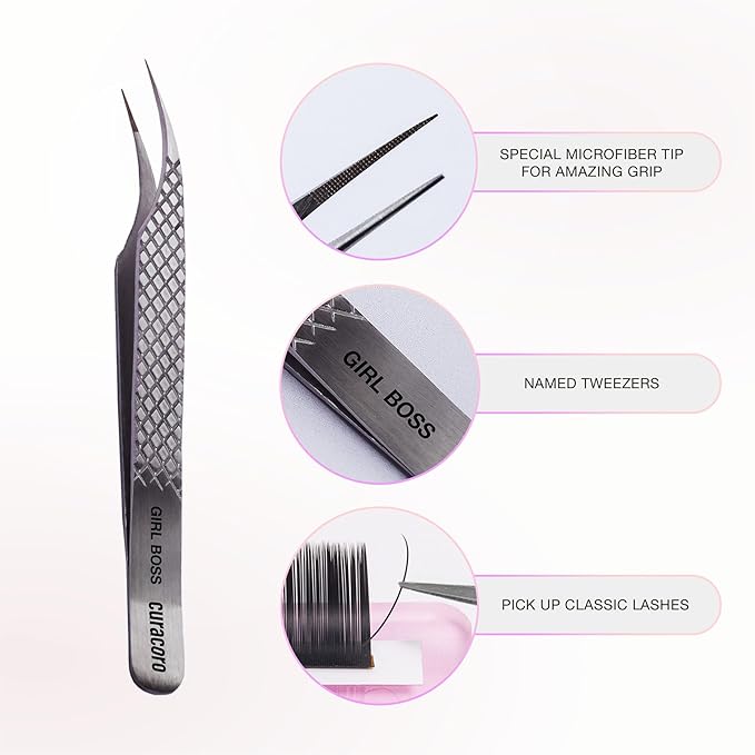 Curacoro Lash Tweezer - Professional & Precision Fiber Tip Grip Lash Tweezers for Eyelash Extensions, Multi Shapes & Purposes Tweezers for Volume, Isolation & Classic Lashes (Silver, Girl Boss)
