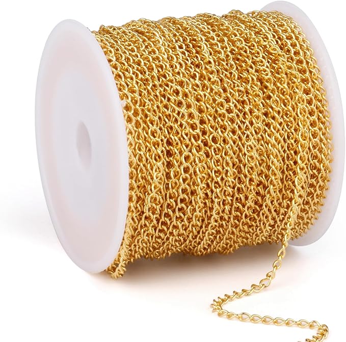 [66 Feet/ 20M] 18K Gold Plated Stainless Steel Curb Chains, 2.5mm 304 Stainless Steel Flat Twisted Links Curb Chains Spool Bulk for Jewelry Making