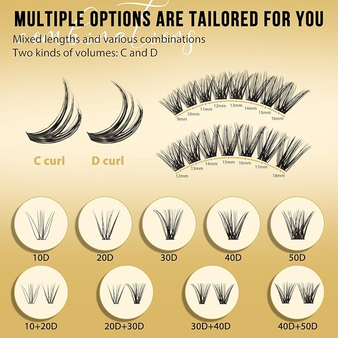 QUEWEL Lash Clusters 320Pcs Cluster Lashes 50D C Curl Lash Cluster Eyelash Extensions Mix12-18mm Individual Eyelashes Clusters Wispy Lash Clusters Thin Band Soft to Use at Home(50D C Mix12-18)