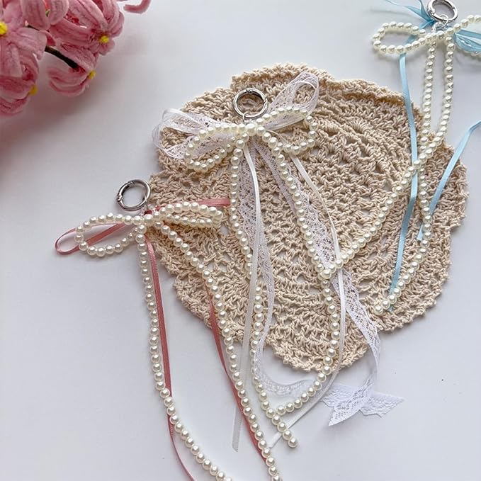 Pearl Bow Keychain Cute Y2k Lace Bowknot Keychain Coquette Aesthetic Accessories Bag Purse Handbag Backpack Charm