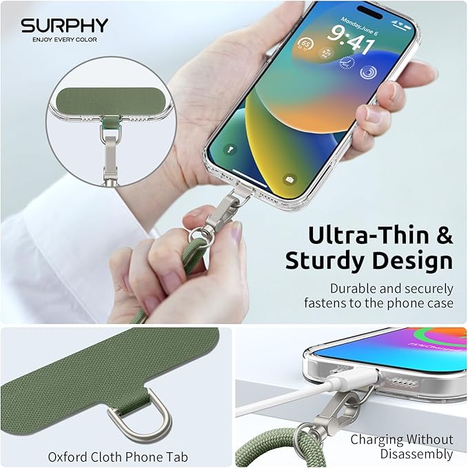 SURPHY Phone Lanyard, Adjustable Phone Strap Crossbody with 2 Pack Cell Phone Tether Tab, Premium Metal Buckles, Skin-Friendly, Universal Cell Phone Lanyard Crossbody for Women and Men, Army Green