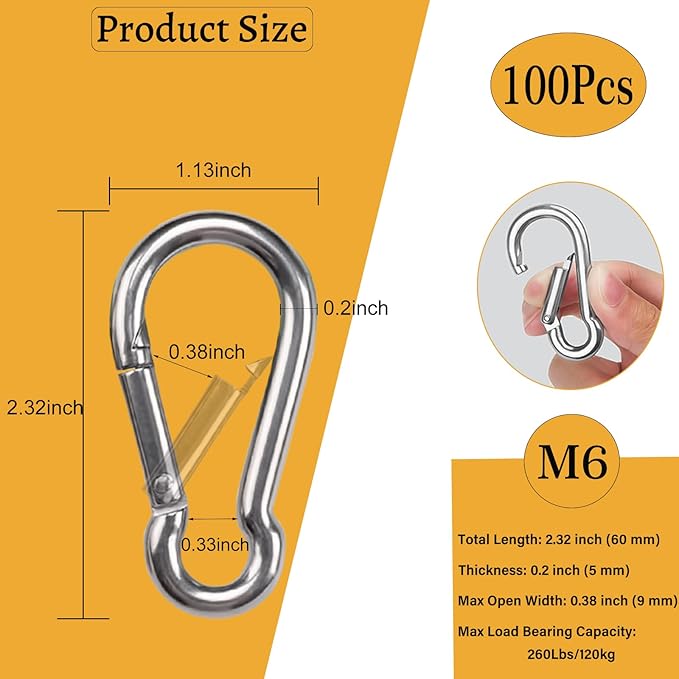 Carabiner Clip Spring Snap Hook, Heavy Duty Spring Snap Hook, Quick Link Keychain Clip for Keys Swing Set Camping Fishing Hiking Traveling