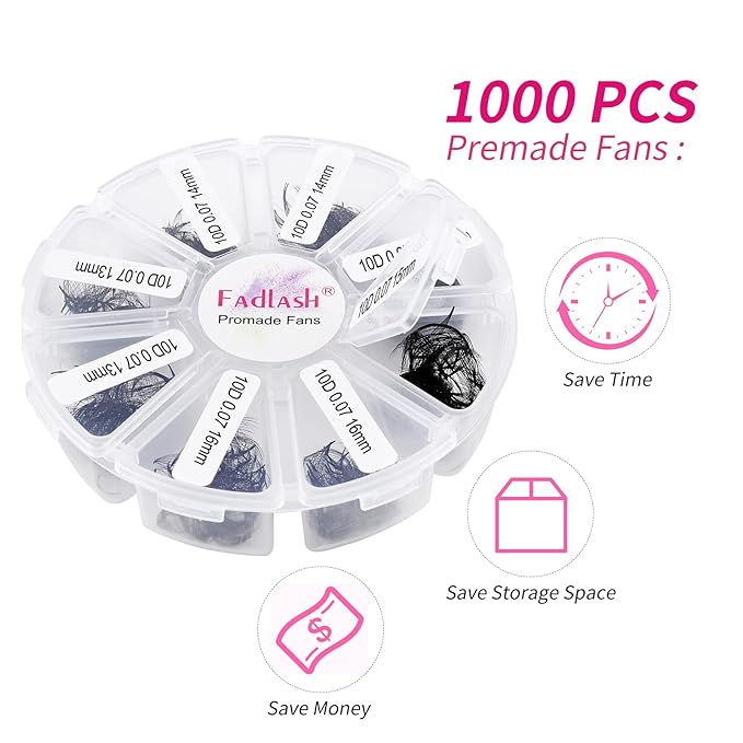Lash Extension 1000 Fans/Tray Mixed Premade Fans Eyelash Extensions D Curl Promades Eyelash Volume Lash Extensions Loose Fans Pre Made Volume Lashes Pointed Base (10D-0.07D, 13-16mm)