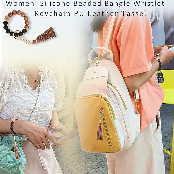 BIHRTC Key Ring Bracelet Car Keychain Holder Wristlet Silicone Women Beaded Bangle Chains