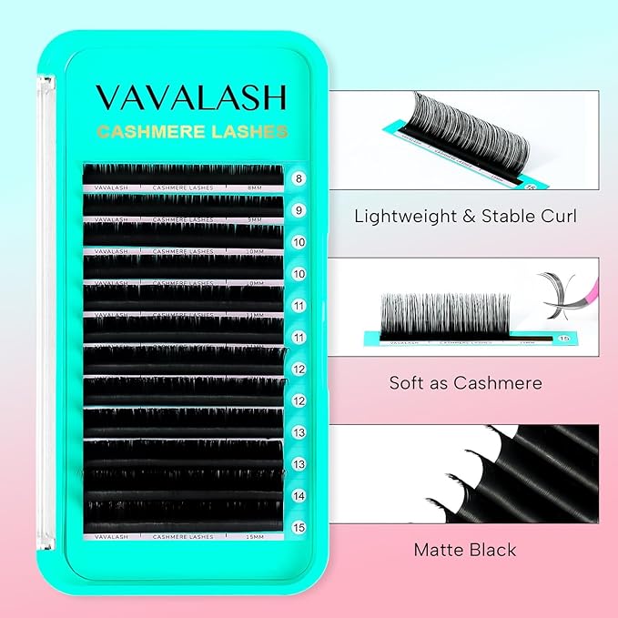 VAVALASH Cashmere Lashes 0.03/0.05/0.07 Premium Lashes Volume Eyelash Extensions 8-20MM Individual Silk Lashes, Soft Super Matte Black Professional Lash Extension Tray Supplies (0.03-CC-13MM)
