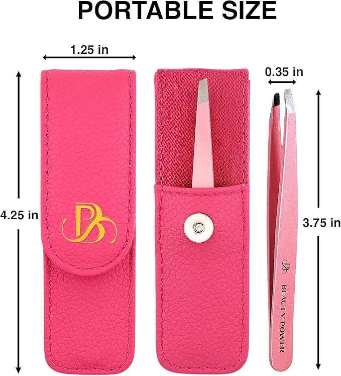 Beauty Power Professional Tweezers in Case - Slant, Durable Lightweight German Stainless Steel, Ultra Precision Tweezers for Eyebrows, Facial Hair, Chin, and Ingrown Hair Removal - Gift (Pink)