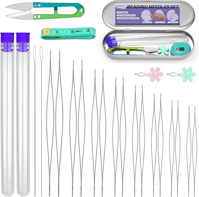 UOOU 32 Pcs Beading Needles Set, 8 Sizes Big Eye Seed Bead Needles,Twist Beading Needles, Jewelry Making Supplies Beading Needle for Jewelry Making
