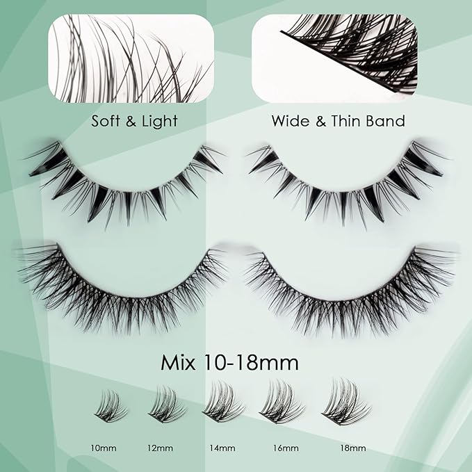 Lash Clusters Kit Natural Eyelashes 154pcs Individual Lashes 10-18mm Cluster Eyelash Extensions Wide Band Eyelash Clusters Volume False Eyelashes Lash Extension Kit With Bond & Seal & Remover-M32+M35