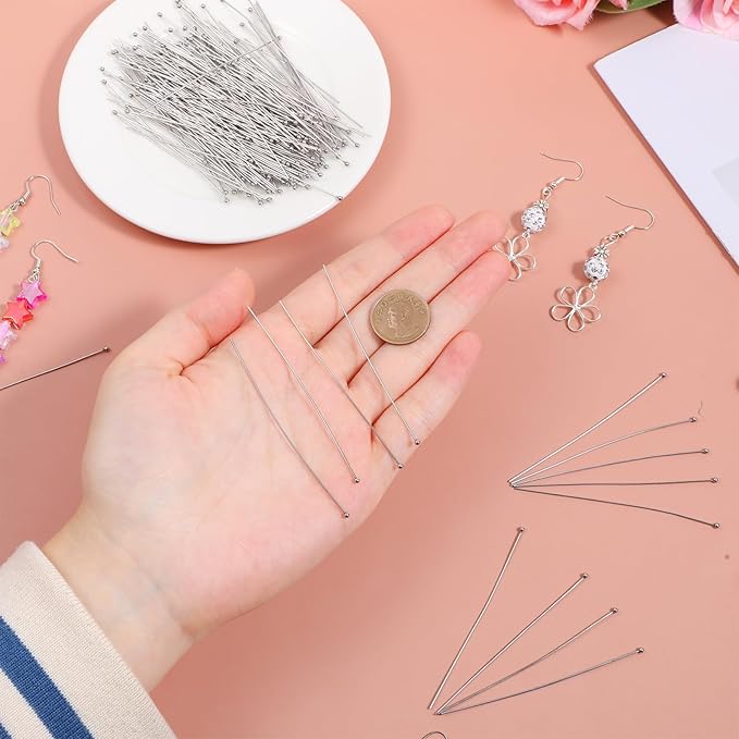 200PCS Head Pins for Jewelry Making, Stainless Steel Eye Pins for Jewelry Making, 70mm Silver Ball Head Pin, Bendable Jewelry Findings for DIY Crafts
