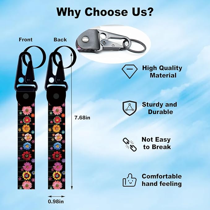 2 Pcs Classic Black & Floral Keychain Wristlet Lanyard for Women couples, Flower Wristlet Strap for Keys Hands-Free Wearable