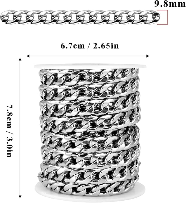 16.5 Ft Stainless Steel Curb Chains, 5mm 6mm 7mm 9mm Cuban Chain Roll Bulk for Jewelry Making
