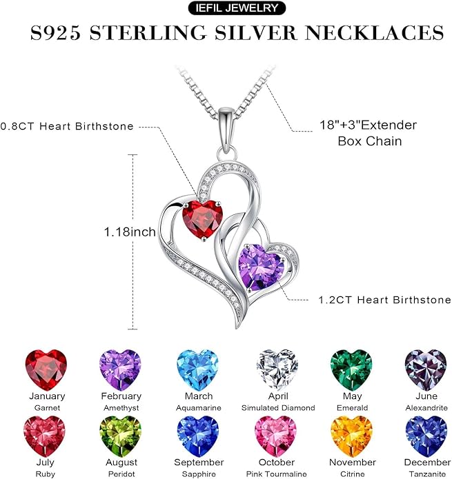 Iefil Valentines Day Gifts for Her, Birthstone Necklace for Women, 925 Sterling Silver Double Birthstone Necklace | Anniversary Birthday Gifts | Personalized Jewelry Gift for Wife Mom Girlfriend