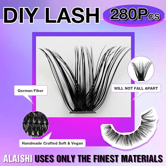 Lash Clusters, DIY Cluster Eyelash Extensions 9‑16mm, 60D, 280pcs Fluffy D Curl Natural Lashes–Fake Cat Eye Wispy Individual Clusters