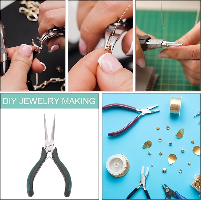 HARFINGTON Needle Nose Pliers 5" Mini Jewelry Pliers with Cutter Thin Precision Jewelry Flat Jaws for Beading Tool Hobby Craft