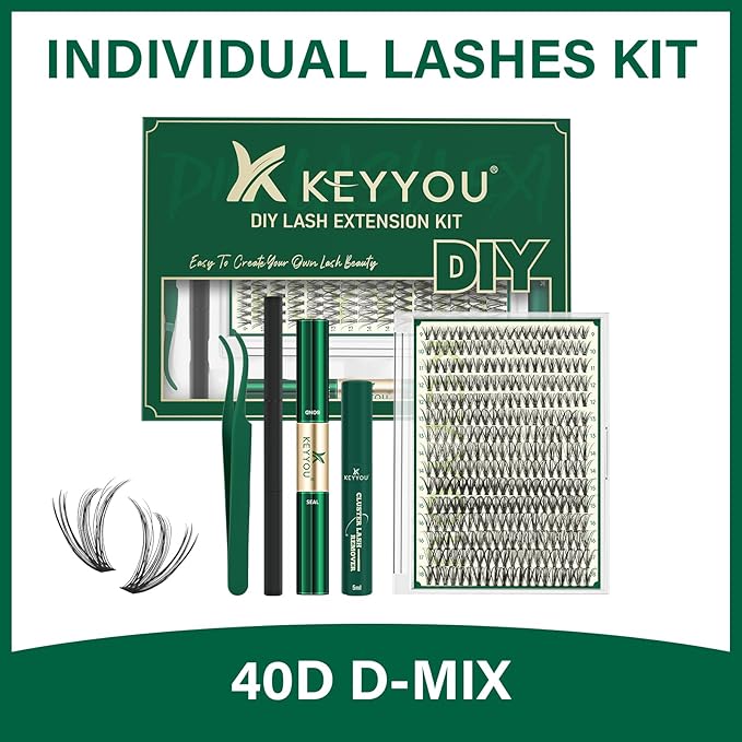 KEYYOU Lash Extension Kit DIY 300Pcs Lash Clusters Eyelash Extension Kit 30D C Curl 9-18MIX Lash Clusters Kit with Lash Glue Remover Applicator Easy to Use for Beginners(Kit,30D-C,9-18MIX)