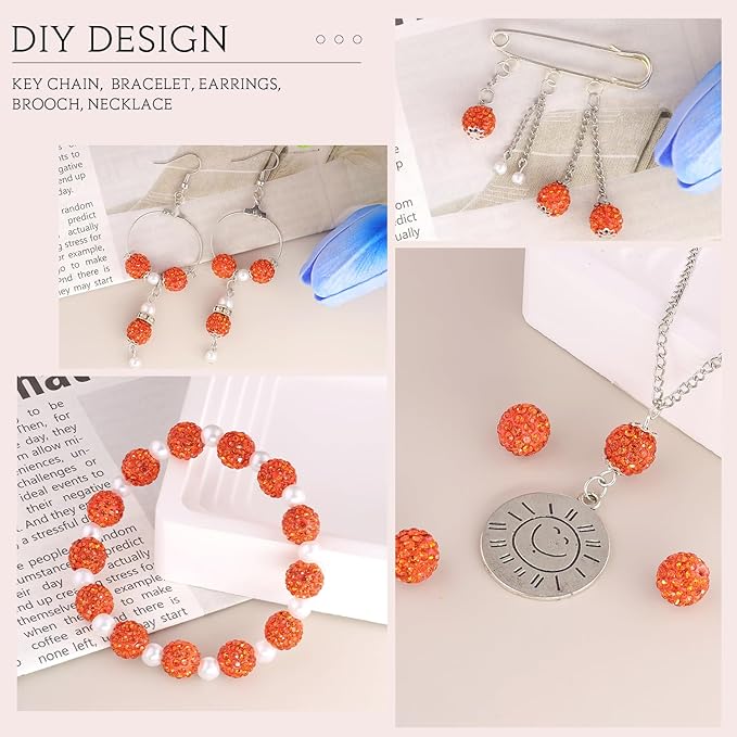 200 Pcs Orange Rhinestone Beads for Jewelry Making, Sparkle Crystal Clay Christmas for Bracelet Baseball Necklace Earring Crafting and DIY, Shiny Round Shamballa Disco Ball Beads Bulk