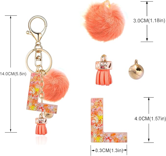 Resin Alphabet Initial Letter Keychain Keyring for Women Purse Handbags With Fur Ball Pom