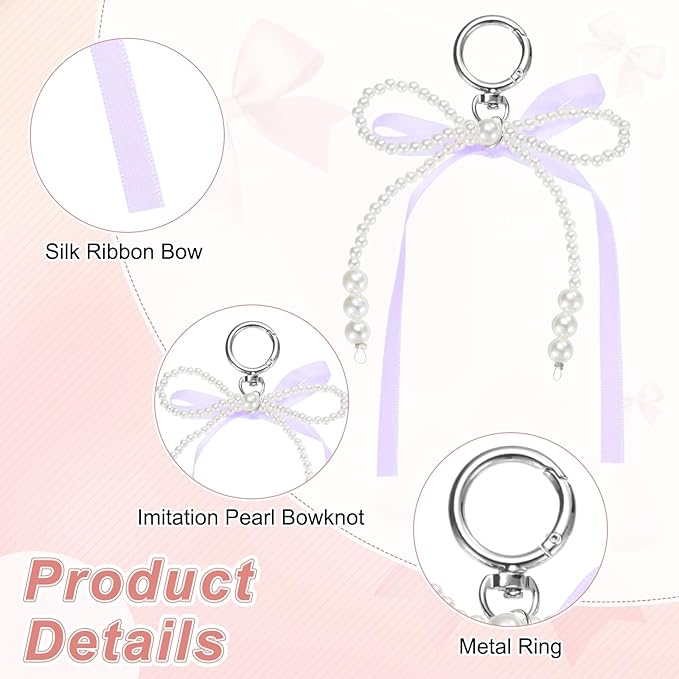 MECCANIXITY Pearl Bow Keychain, Y2k Aesthetic Imitation Pearl Bowknot Ribbon Keyring for Tote Bags Purse Handbag Charm