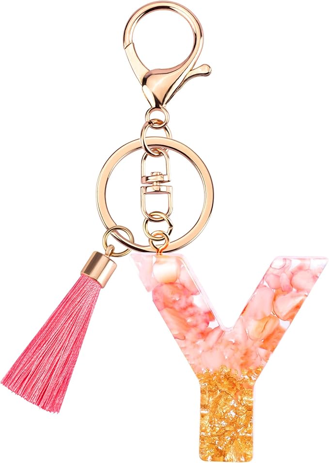 Suweibuke Cute Pink Key Chains for Women Girls, Initial Letter Keychains with Tassel, Charms for Key Purse Handbags Backpacks