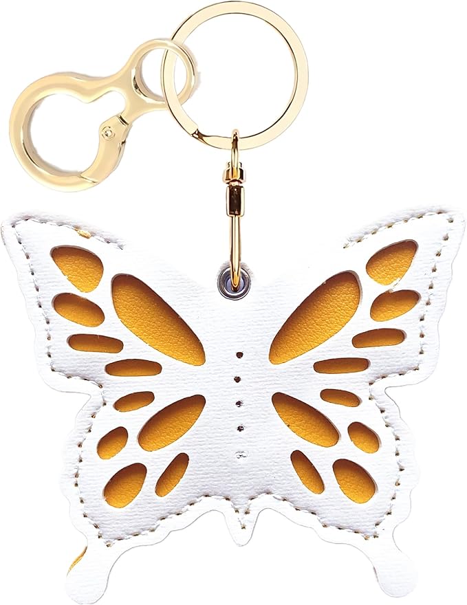 Leather Keychain Holder Case Compatible with AirTag,Cute Protective Apple Air Tag Cover with Keychain Ring,Anti-Scratch Finder GPS Tracker Case for Wallet Keys,Bag,Pets(White Butterfly)