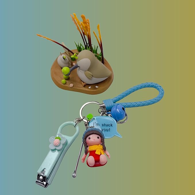 Cute Keychain with Nail Clipper Ear Pick for Women Girls Cute Key Chain Wristlet Cartoon Keychain Lanyard