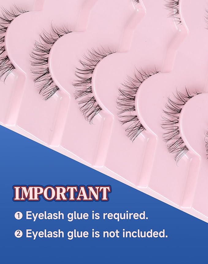 Short Lashes Natural Look Wispy False Eyelashes Flared Strip Eyelash Small Lash Fluffy Clear Band 7 Pairs C21