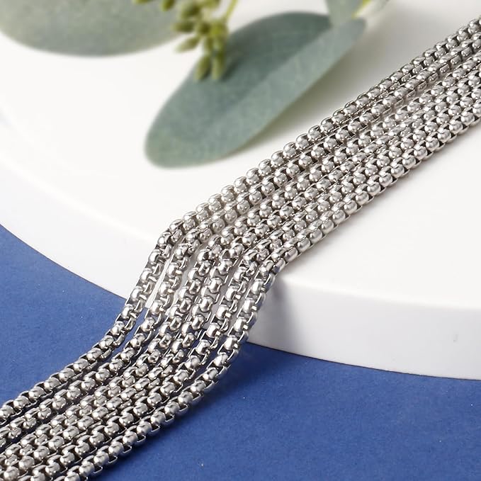 [33FT] Stainless Steel Rolo Box Chains for Jewelry Making, 2.5mm Wide 304 Stainless Steel Rolo Link Chain Roll Bulk for DIY Jewelry Making Craft