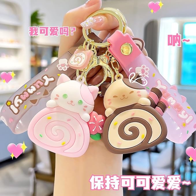 Girly Super Cute Lovely Pink Brown Swiss Roll Bread Cake Cat Kitty Panda Keychain Key Ring Bag Charm Pendant