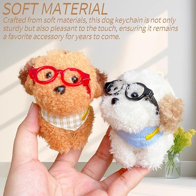 Plush Dog with Glasses Keychain – Funny Animal Keyring Charm for Women | Car Key Handbag Backpack Decor & Birthday Gift