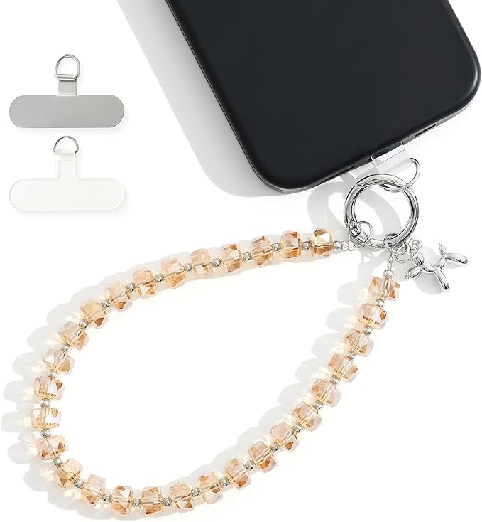 Crystal Phone Wrist Strap Phone Charm Chain Keychain Beaded Cellphone Lanyard with Tether Tab Hands-Free Wristlet Bracelet Wrist Grip Strap for Women, W-Amber