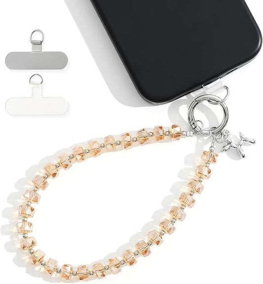 Crystal Phone Wrist Strap Phone Charm Chain Keychain Beaded Cellphone Lanyard with Tether Tab Hands-Free Wristlet Bracelet Wrist Grip Strap for Women, W-Amber