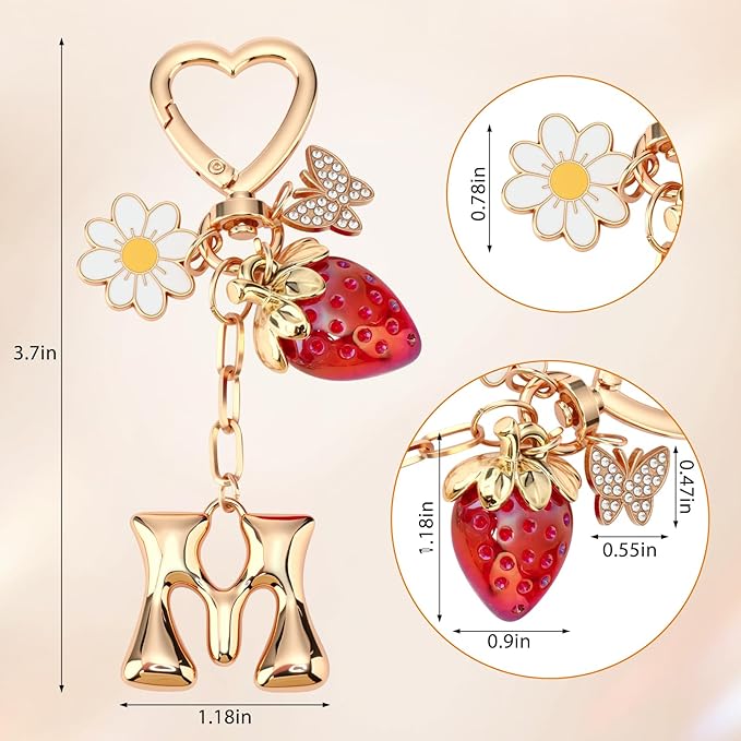 Strawberry Initial Keychain for Women-Cute Kawaii Gold Alphabet Bag Charms, Key chain Gift for Purse Handbag